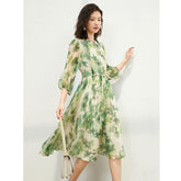 Womens Silk Chiffon Midi Dress Watercolor Leaf Print Sheer Sleeve Green Silk Dress